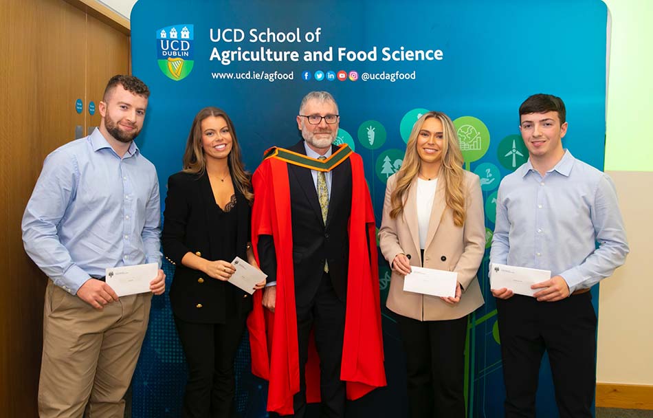 The Patrick Hogan Award Winners, L-R Brian West, Kate Wann, Frank Monahan Head of School and Dean of Agriculture, Emily Tuffy, Brendan McCarthy