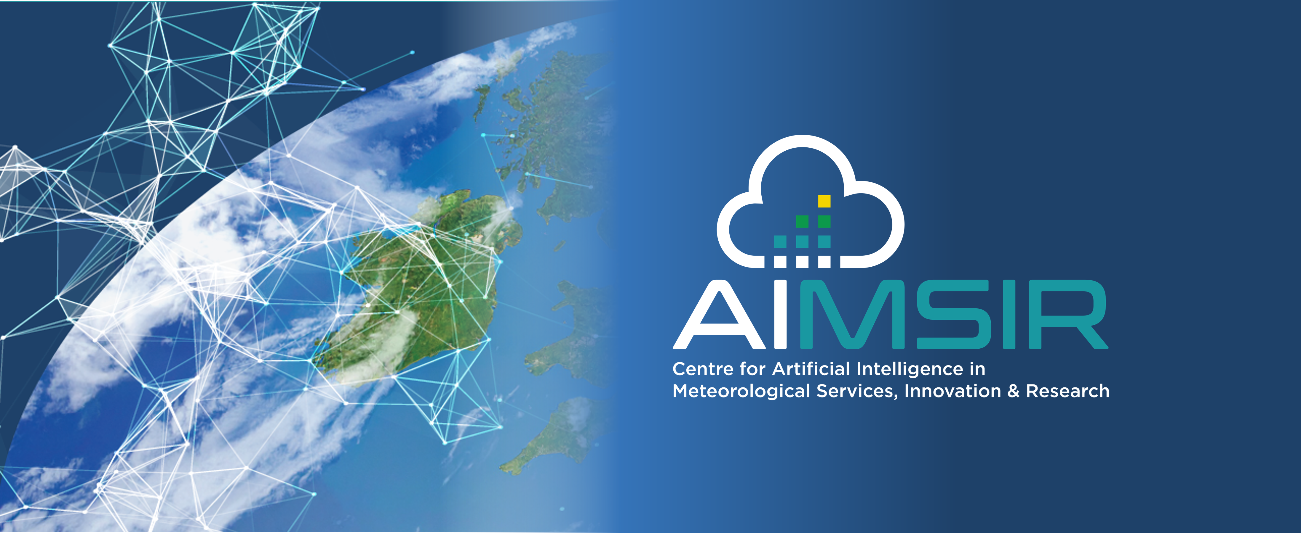 globe with geometric shapes and cloud systems beside the AIMSIR logo