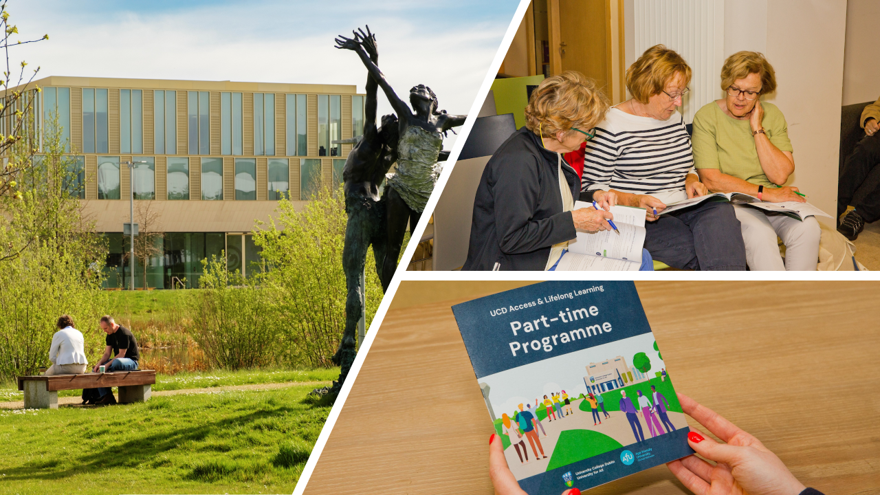 A collage with students sitting down, the Lifelong Learning brochure, and our part-time flyer
