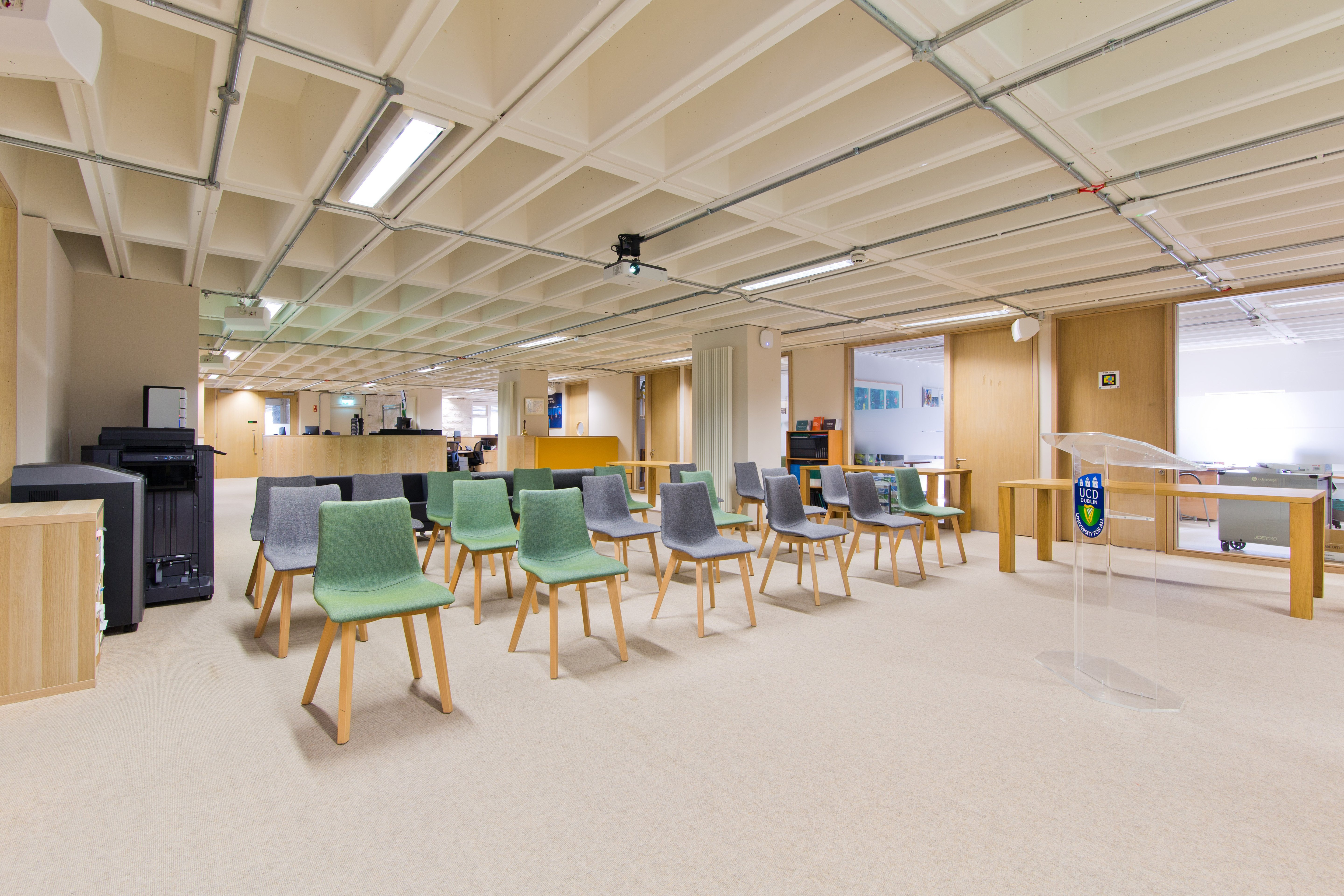 Rows of empty seats facing the same way