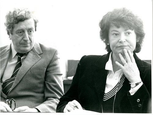 Black and white photograph of Garret Fitzgerald (left) and Gemma Hussey (right), sitting down