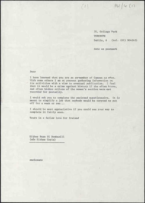 Typescript letter from Eithne Coyle O'Donnell to ex-members of Cumann na mBan asking them to complete an enclosed questionnaire