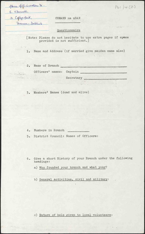 Page 1 of a typescript questionnaire sent by Eithne Coyle O'Donnell to ex-members of Cumann na mBan. A handwritten note with return address is attached to top left corner.