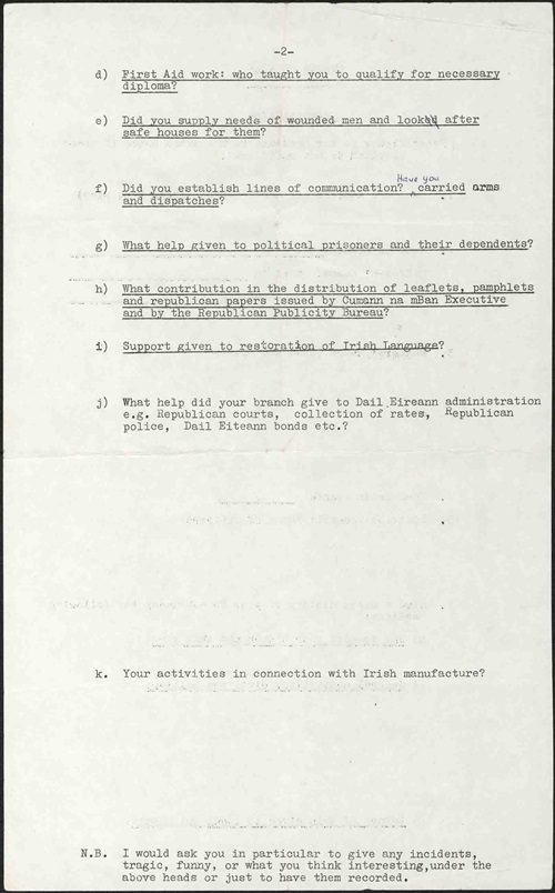 Page 2 of a typescript questionnaire sent by Eithne Coyle O'Donnell to ex-members of Cumann na mBan.