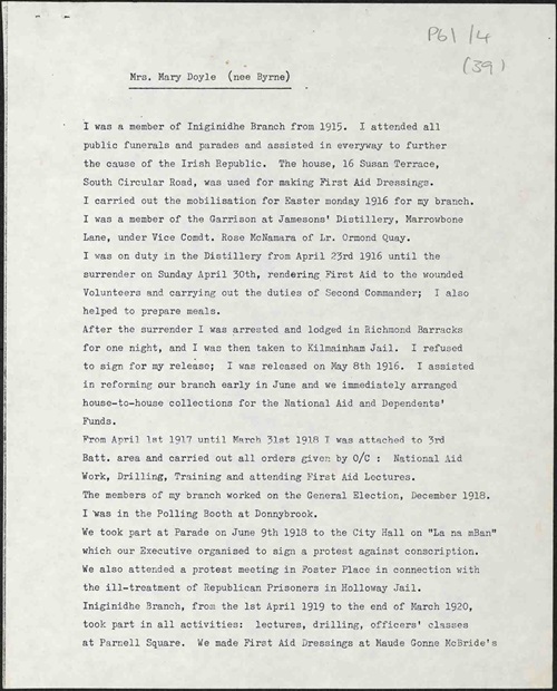 Page 1 of a typescript response to questionnaire by Mary Doyle (nee Byrne) member of the Iniginidhe Branch of Cumann na nBan