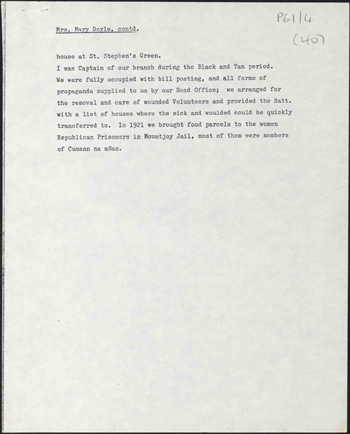 Page 2 of a typescript response to questionnaire by Mary Doyle (nee Byrne) member of the Iniginidhe Branch of Cumann na nBan