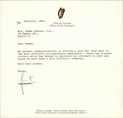 Letter from Taoiseach Garret Fitzgerald to Gemma Hussey congratulating her on her election as TD for FIne Gael