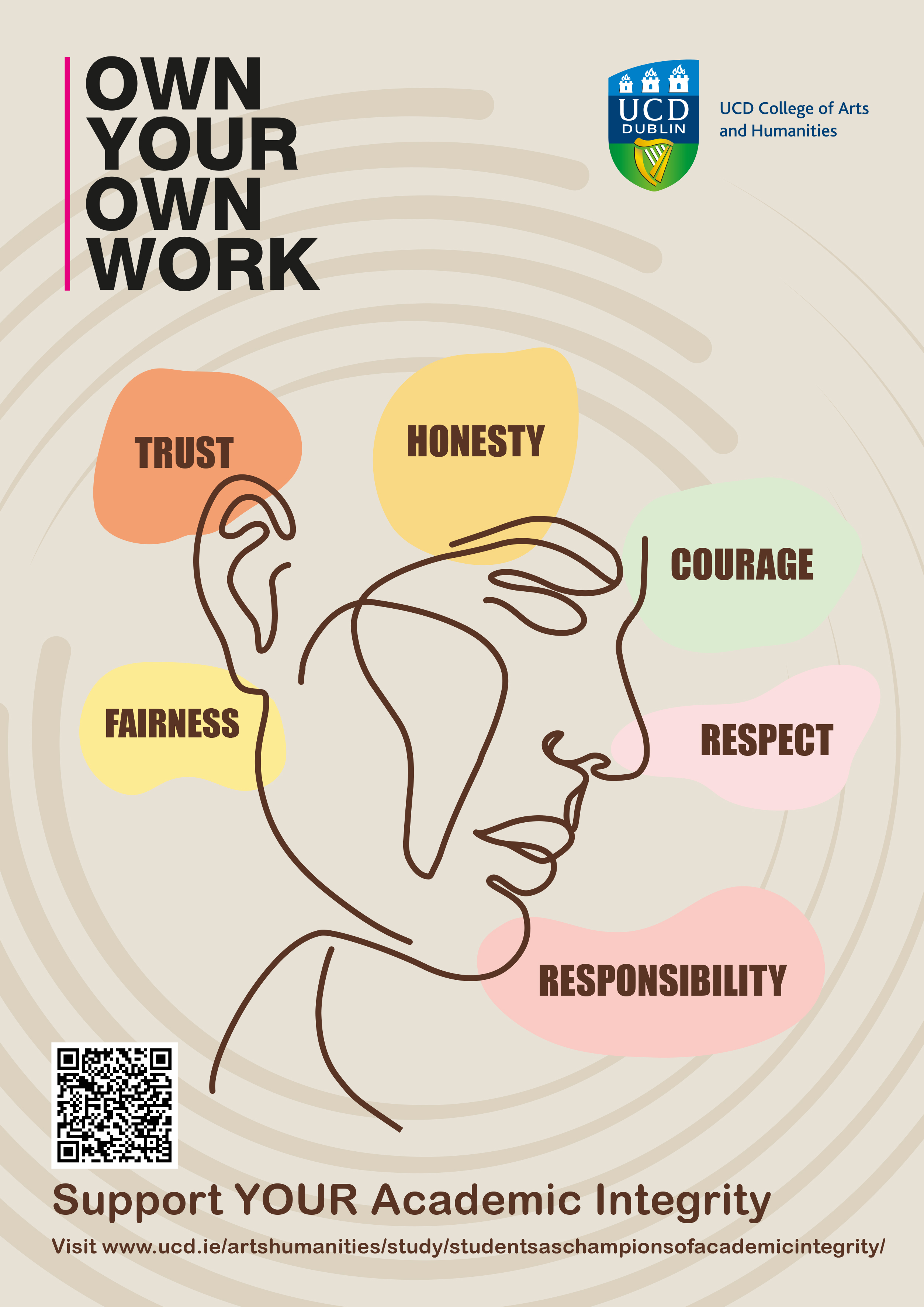 Poster listing the core values of academic integrity: honesty, trust, fairness, respect, responsibility and courage