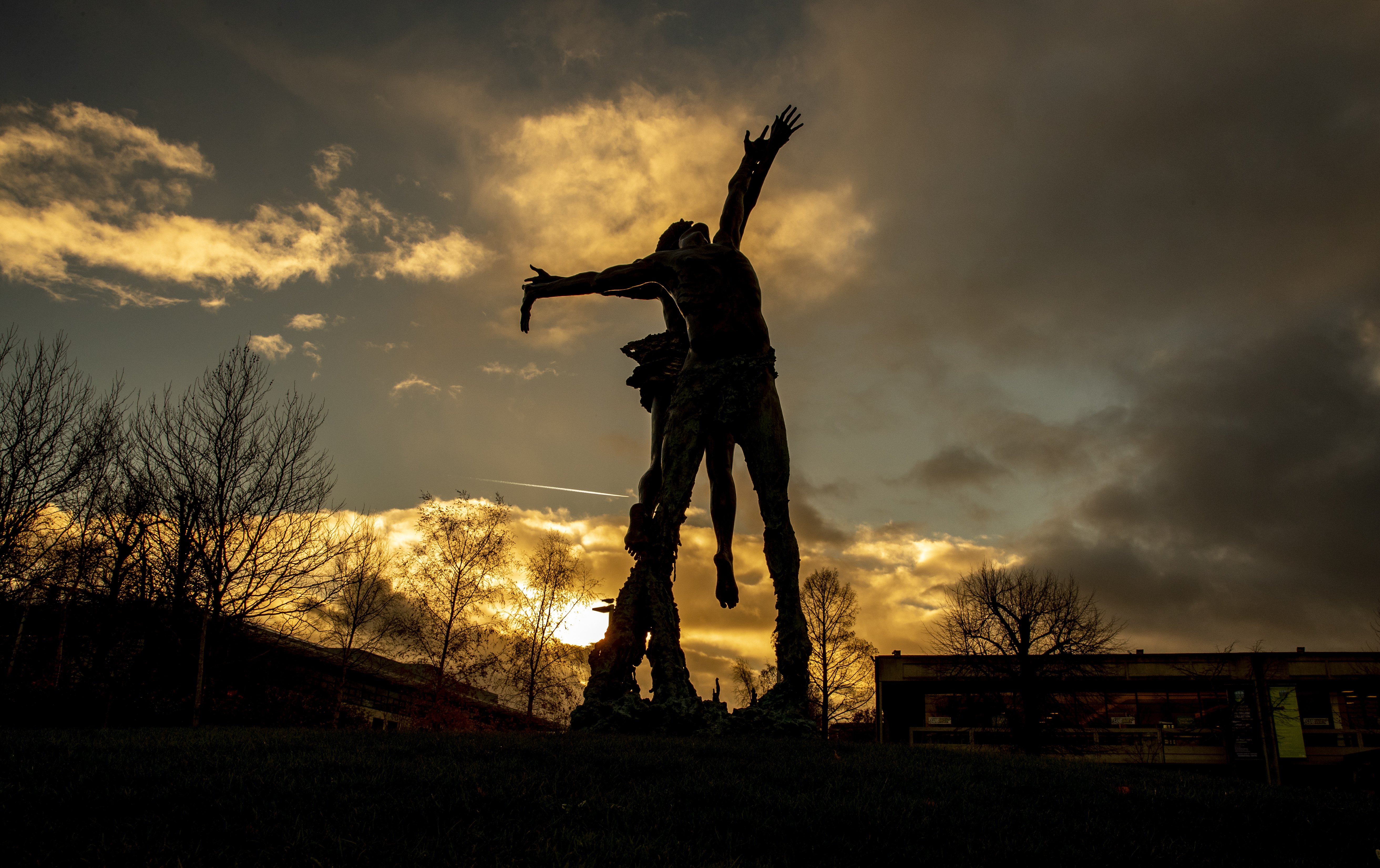 Sculpture by Paddy Campbell, two dancers against the sky