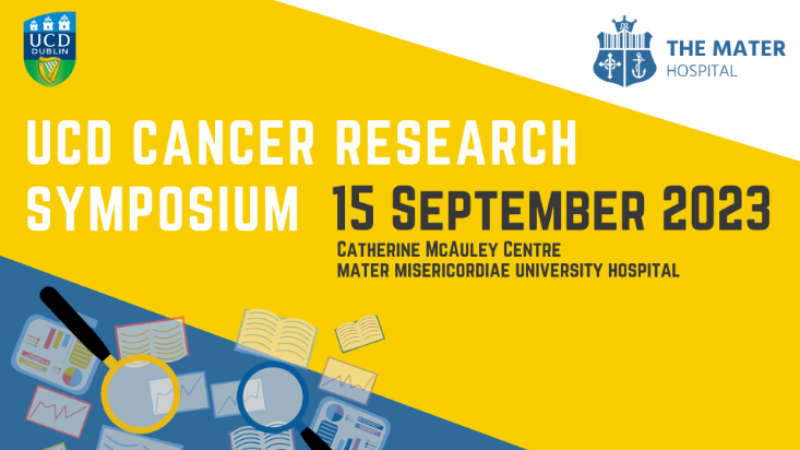 graphic of UCD Cancer Symposium at the Mater hosptial. Inclusdes UCD and Mater logos on top and magnifying glasses scanning document at the bottom. Text reads 