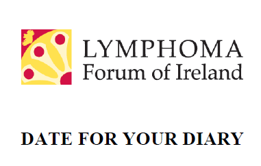 logo for lymphoma forum of ireland. Depicts cell parts and island of ireland in alternating yellow and red.