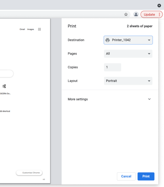Google Chrome print dialog