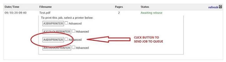EveryonePrint screenshot of printer queue buttons, indicating that one of them needs to be pressed to release the job to that queue.