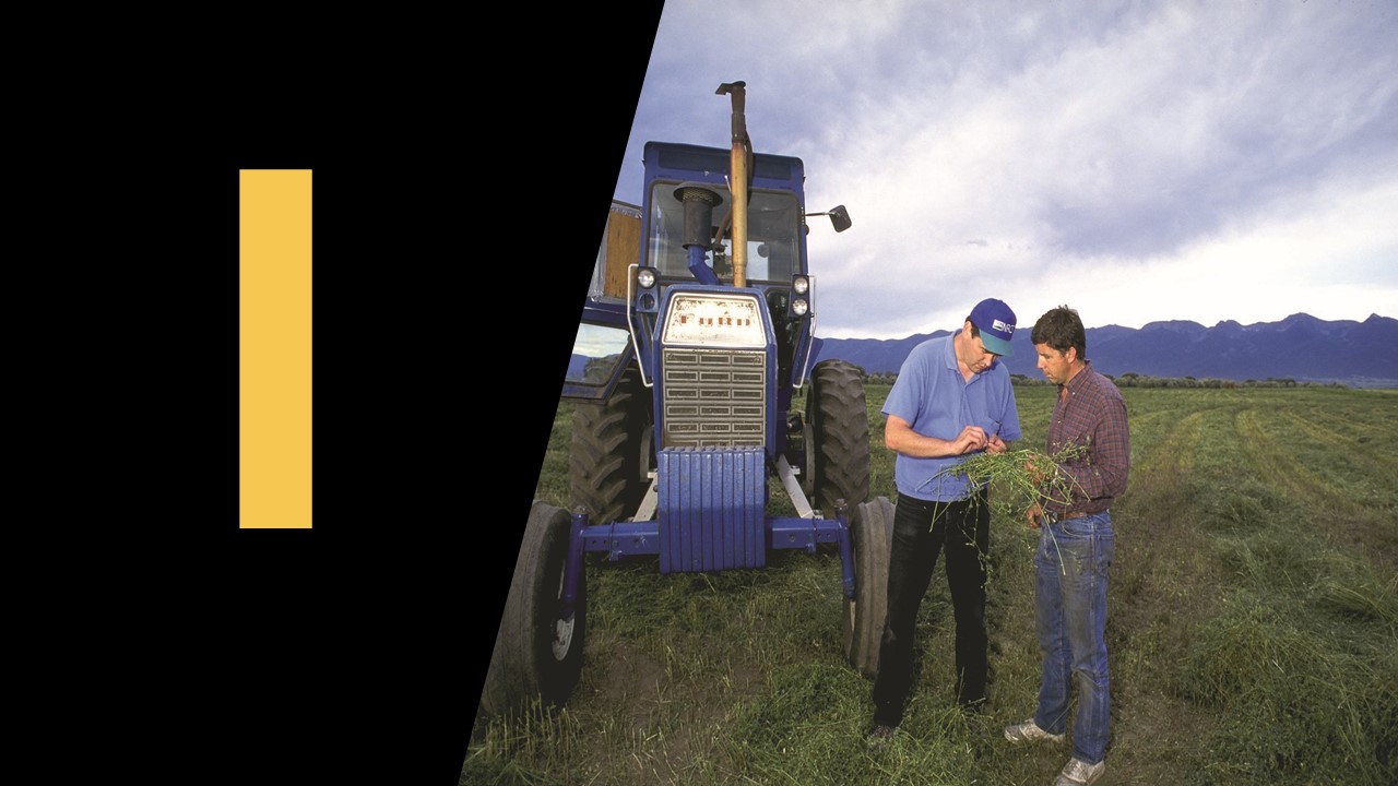 Two people talking next to a tractor