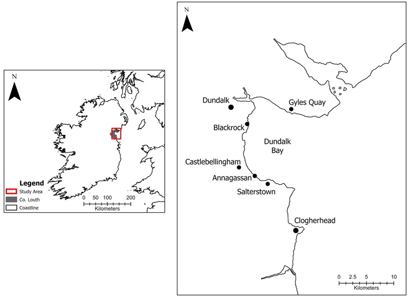 Map of Dundalk Bay study area highlighting major towns, villages, and recreation sites.