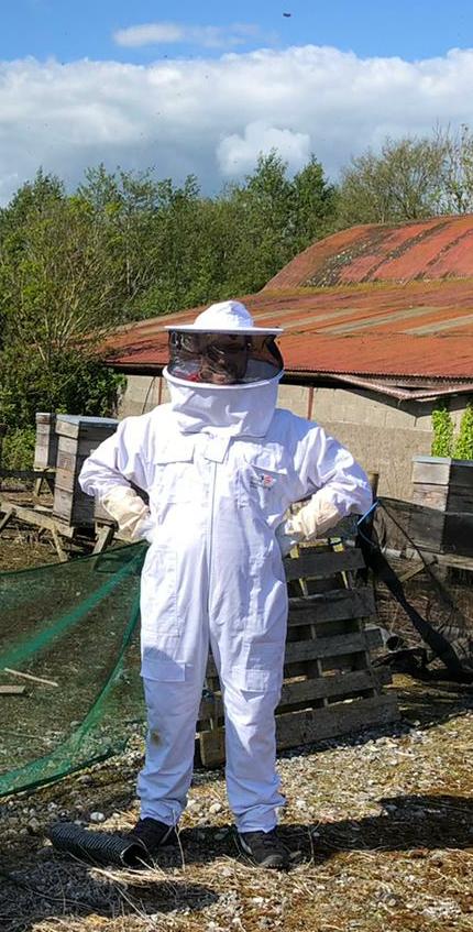 Darren O'Connell in a beekeeper's outfit