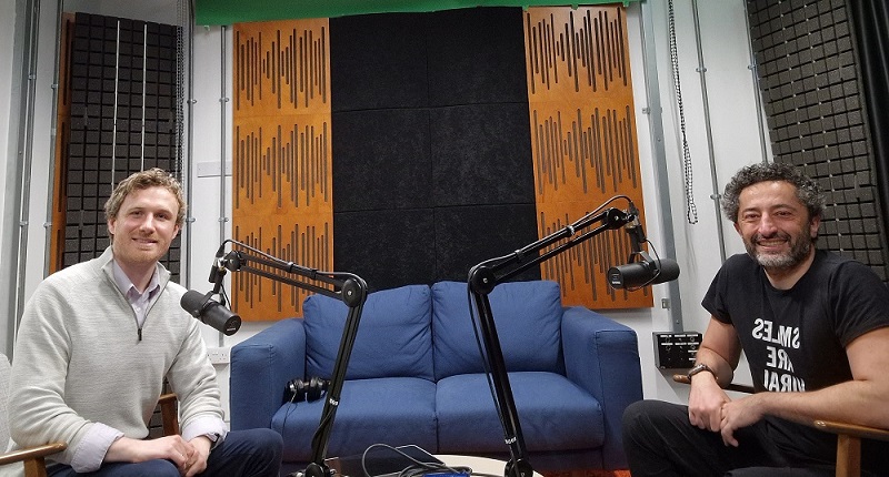 Páraic and Francesco sitting on a couch recording the podcast episode