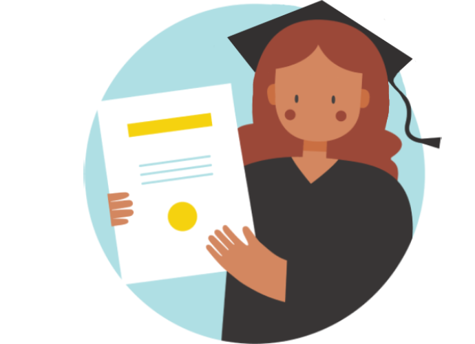 Illustration of girl holding diploma and dressed for graduation