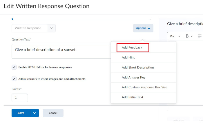 View of adding feedback within edit view of quiz question