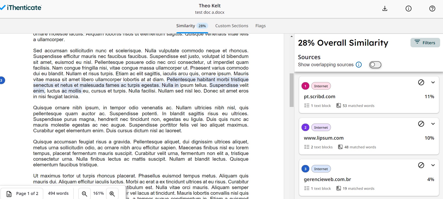 View of sample iThenticate report