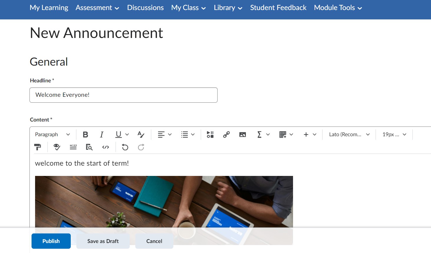 A sample announcement in edit view in Brightspace