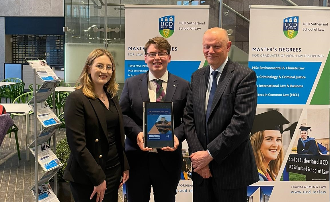 Students Jessica Commins and Joseph Boyle with The Hon. Mr Justice Donal O'Donnell, Chief Justice