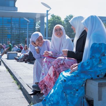 Students by lake
