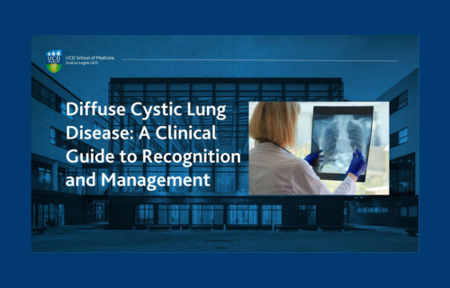 Blue background, woman with xray, health sciences building