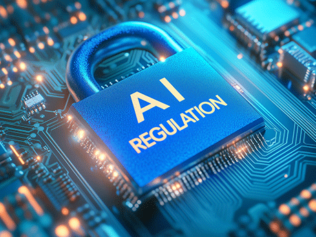 Blue padlock labeled AI regulation on digital microchip background, concept for artificial intelligence data security, policy enforcement, and compliance