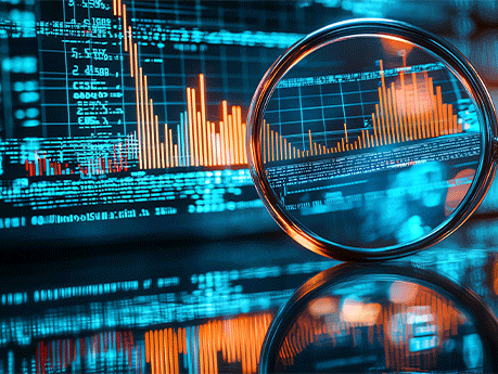 Analyzing financial data with a magnifying glass.