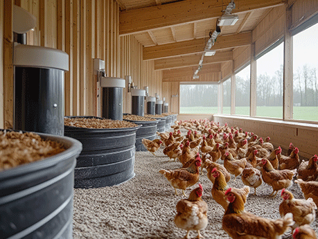 Chickens farming inside modern barn: poultry breeding in sustainable agricultural facility