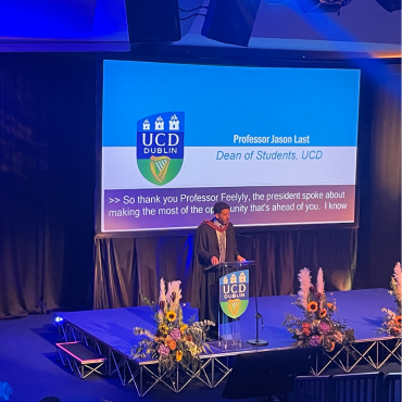 UCD Dean of Students speaking at Orientation Sept 2023