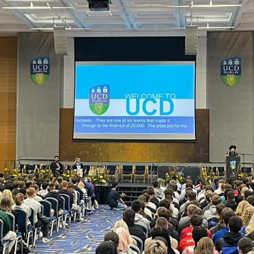 UCD President addressing students at orientation Sept 2024