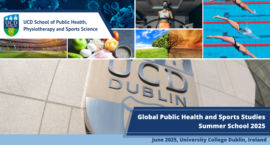 Collage of images depicting public health and sports and UCD logo