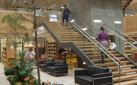 People walking up a stairs in a library