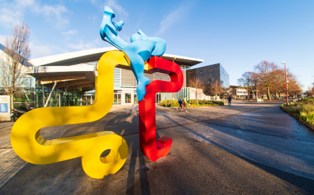 Photo of UCD Sports Centre with colourful sculpture