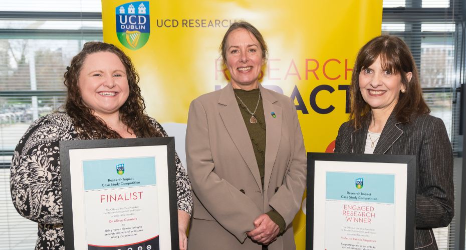 Prof Patricia Fitzpatrick and Dr Alison Connolly standing with their awards and Prof Kate Robson Brown in front of a yellow backdrop