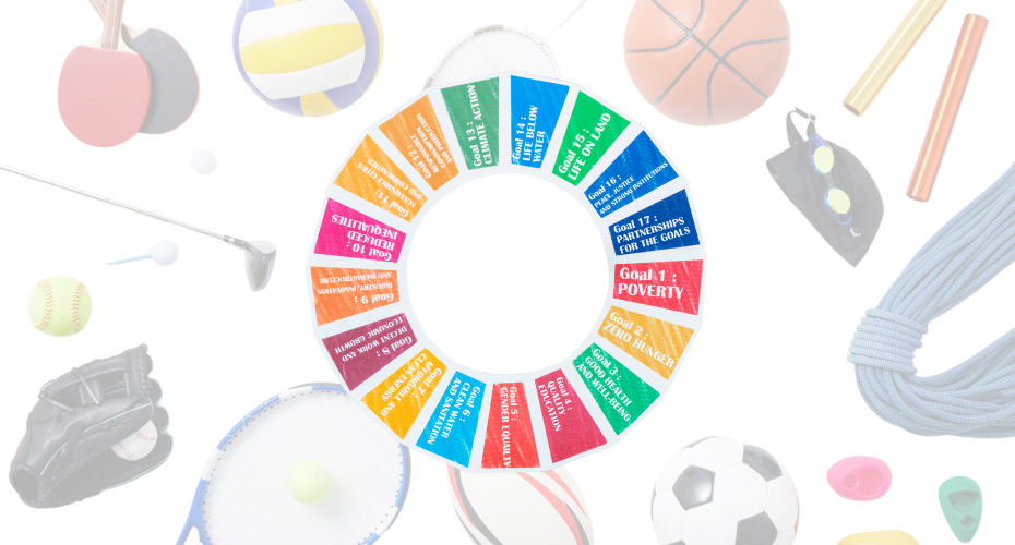 Various sporting equipment with SDGs displayed in the centre