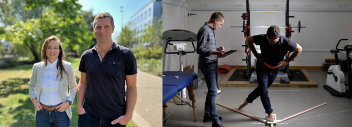 Two images of researchers standing outside on a sunny day and a researcher monitoring an athletes performance