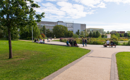 View of people at lake at UCD