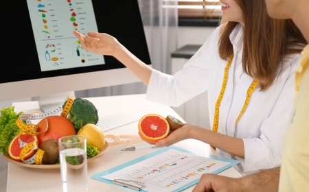 Dietitian holding fruit and working on a computer