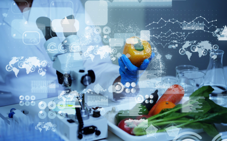 A person inspecting vegetables with microscope