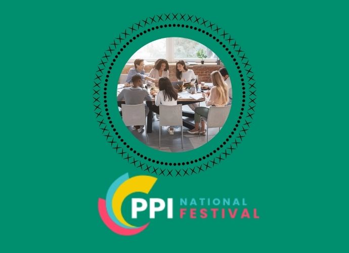 Green background with inset picture of people meeting around a table. Branded with National PPI Festival