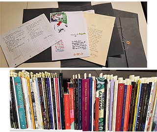 A shelf of books and papers including poetry on a table