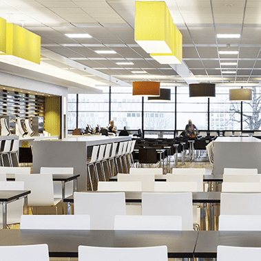 Tables line up in a restaurant on UCD Campus