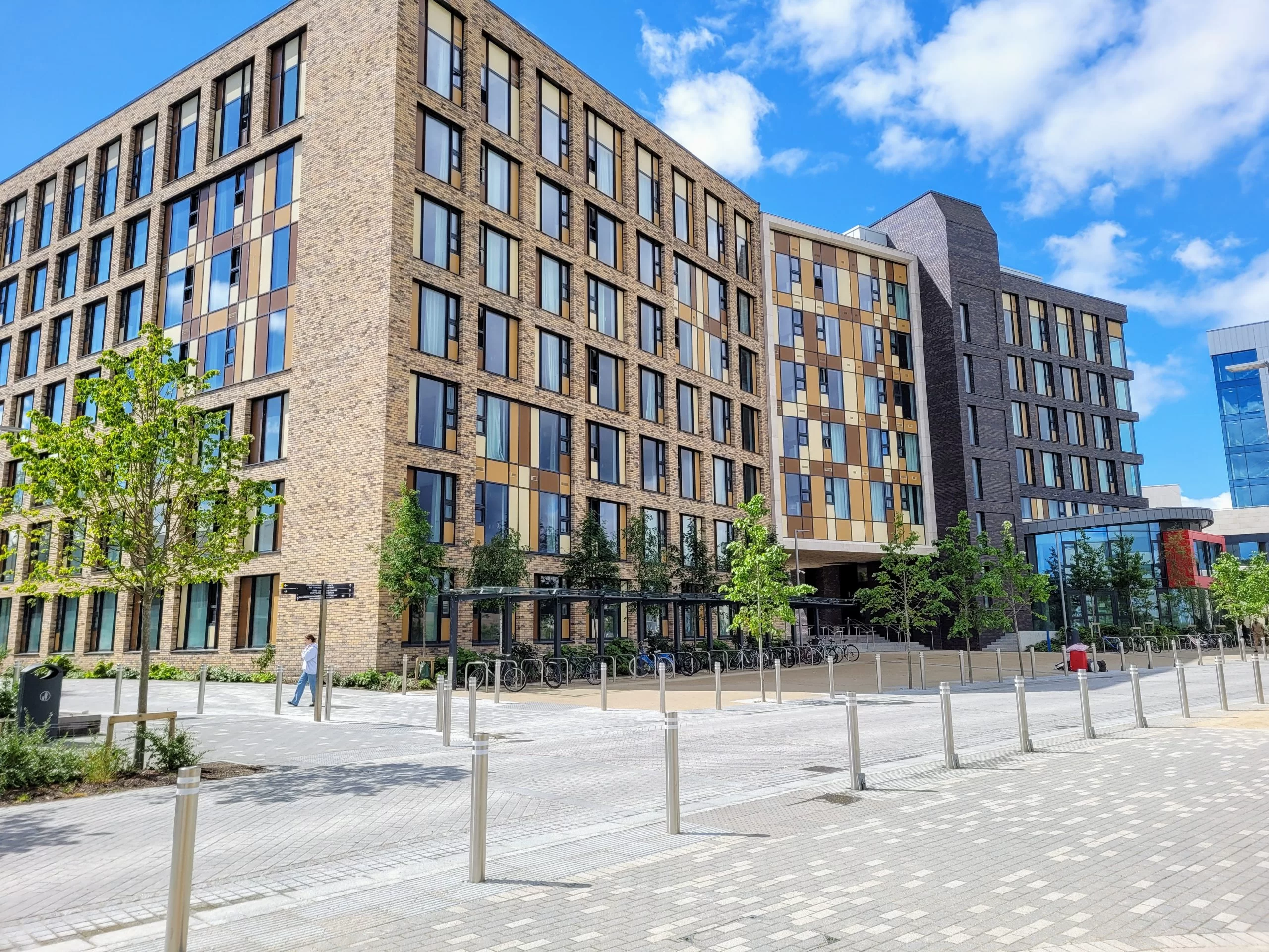 Exterior shot of the UCD Village accommodation with a sunny sky