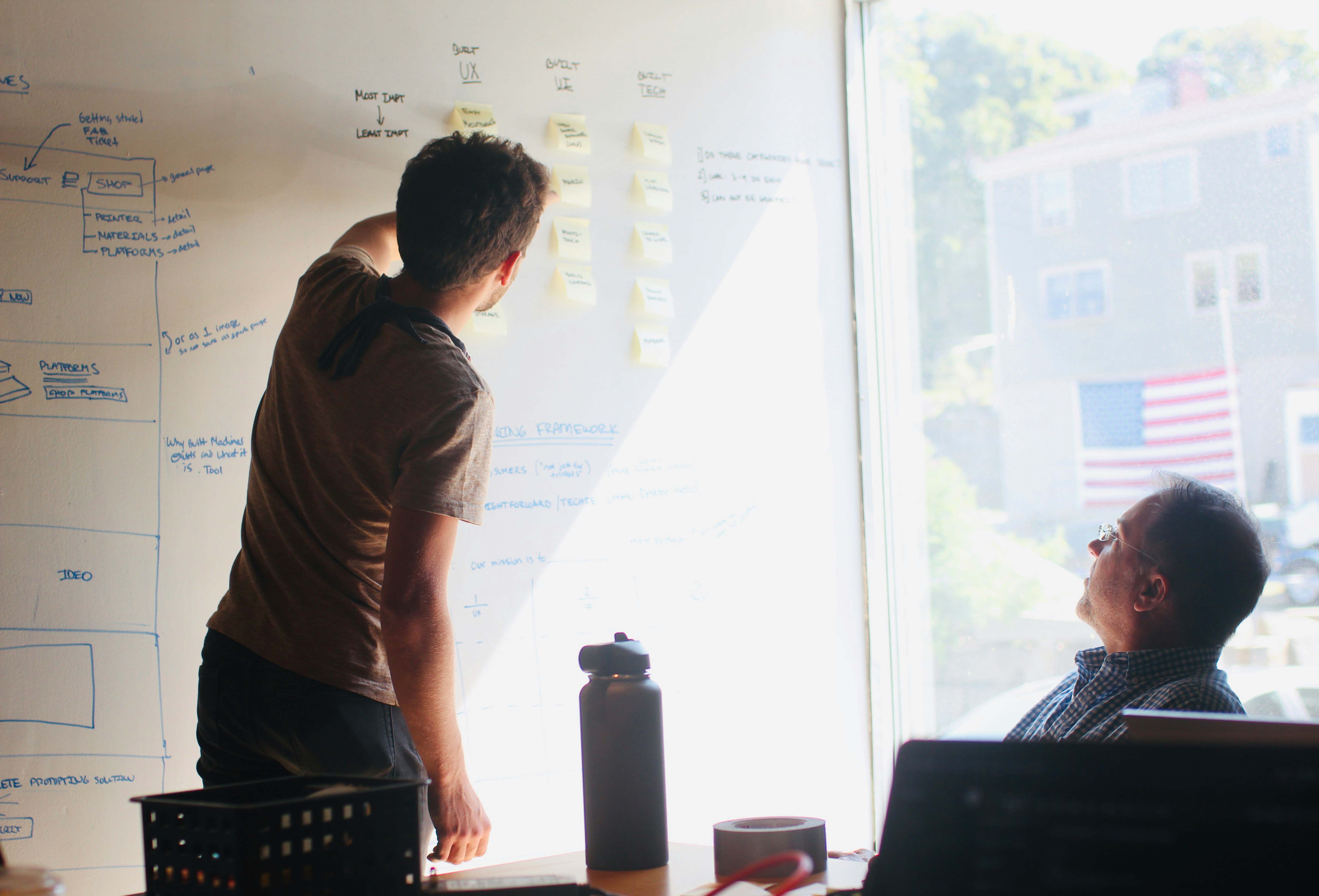 A man presenting ideas written on a whiteboard