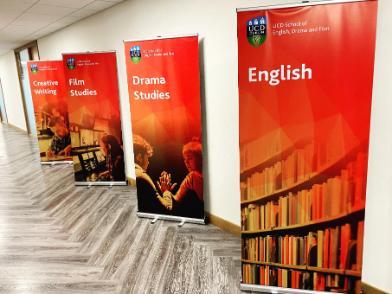Four banners in a corridor, with the words English; Drama Studies; Film Studies; Creative Writing.