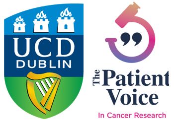 Patient voice in cancer research logo and UCD crest