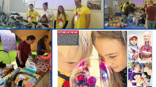 Collage of photos of UCD School of Veterinary Medicine staff members who volunteered at the UCD Family Festival June 2023, including an image of children who attended the festival highlighted in the Herald newspaper